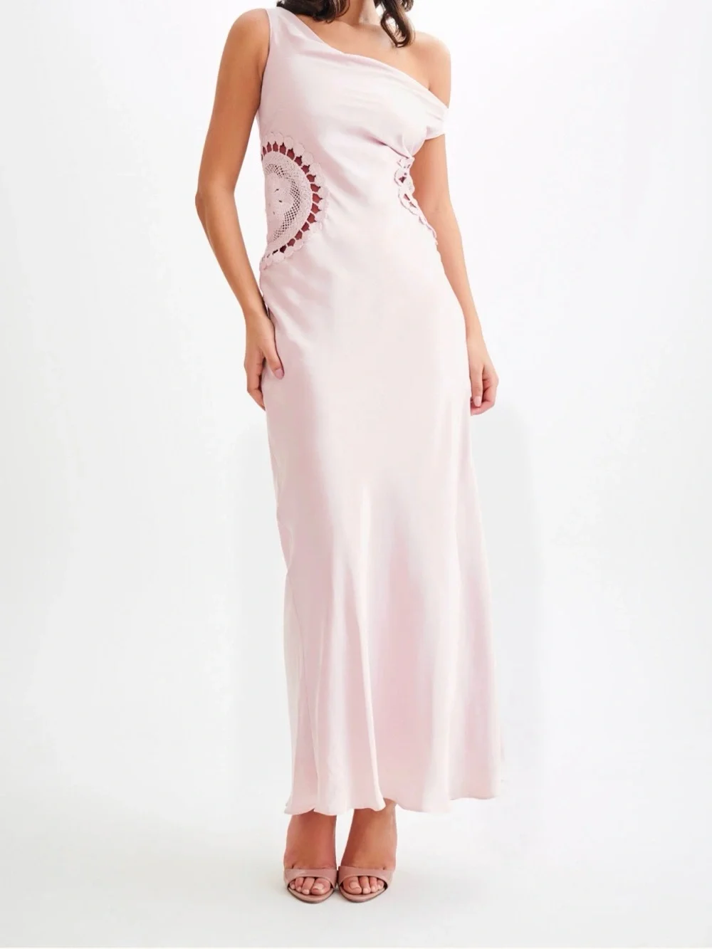 Blush Pink Dress- Kristina Satin Maxi dress with croche - Picture 1 of 3